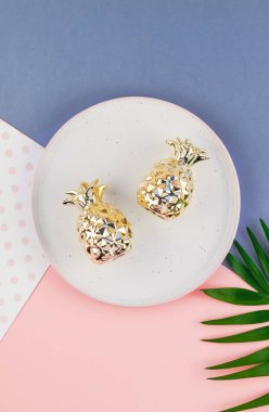 Yaratıcı düz yeşil tropikal palmiye yaprak üstten görünüm boş plaka ile bin yıllık pembe Kağıt arka plan kopya yer sahte yatıyordu. En az tropikal palmiye yaprağı bitki yaz şablon metin veya tasarım için