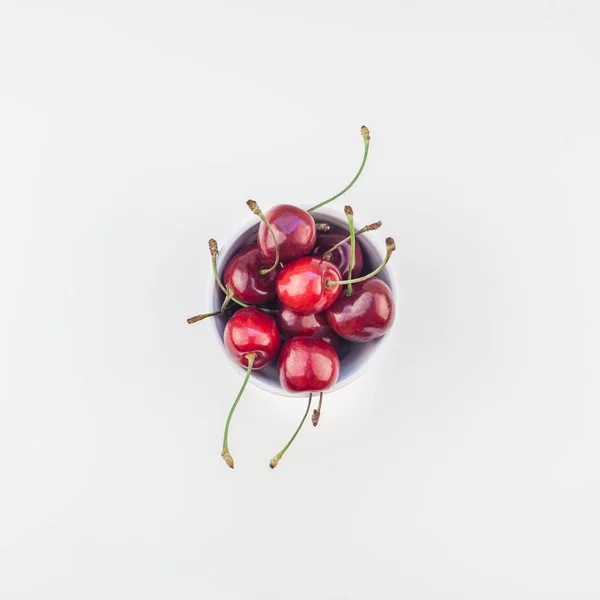 Square Top View Fresh Ripe Cherry Bowl Copy Space Isolated — Stock Photo, Image