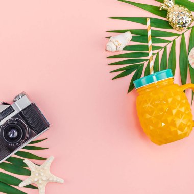 Yaratıcı düz tropikal palmiye yaprakları yeşil ve eski fotoğraf makinesi üstten görünüm bin yıllık pembe Kağıt arka plan üzerinde kopya alanı ile yatıyordu. En az tropikal palmiye yaprağı bitki yaz seyahat kavramı şablonu