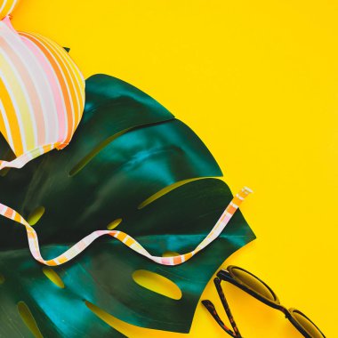 Tropikal orman palm monstera bırakır, güneş gözlüğü ve bir kadının mayo üstüne parlak kare Kağıt arka plan sarı. Metin için yaratıcı düz yatıyordu kavramı şablon yaz tatil