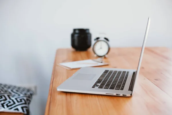 Comfortable Working Place Home Office Wooden Table Modern Laptop Laying — Stock Photo, Image