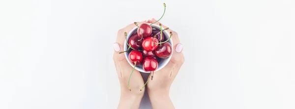 Long Wide Banner Fresh Ripe Cherry Bowl Hands Copy Space — Stock Photo, Image