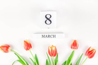 Yaratıcı düz üstten görünüm 8 Mart Dünya Kadınlar Günü tebrik kartı bahar çiçekleri beyaz zemin üzerine kırmızı lale ile yatıyordu. Kutlama kartpostal şablonu