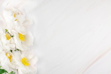 Güzel kopya alanı en az tarzı, kartpostal, yazı, metin veya tasarım şablonu mermer zemin üzerine beyaz şakayık çiçekleri blooming. Düğün davetiyesi ve kutlama tebrik kavramı