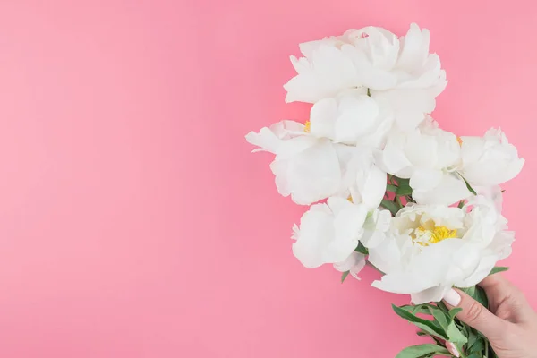 Florecientes Flores Peonía Blanca Sobre Fondo Papel Color Pastel Con — Foto de Stock