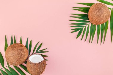 Palmiye yaprakları ve pembe pastel zemin üzerine Hindistan cevizi