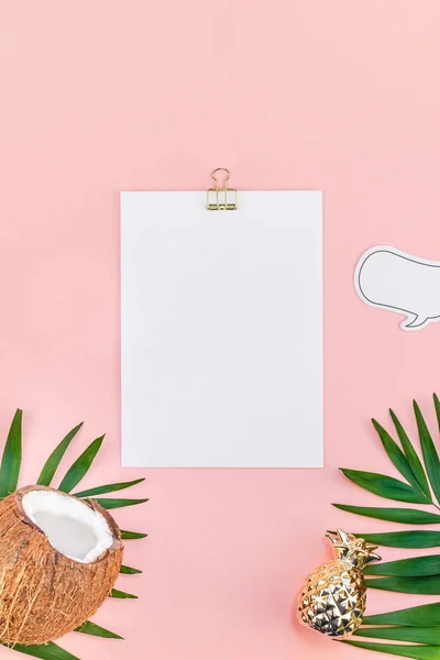 Palm leaves and coconuts on pink mockup — Stock Photo, Image