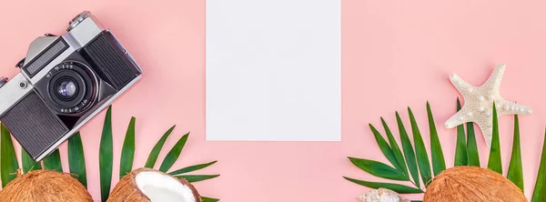 Palm leaves and coconuts on pink mockup — Stock Photo, Image