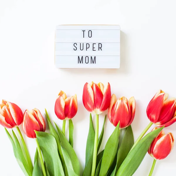 Moeders dag wenskaart met rode tulp bloemen — Stockfoto