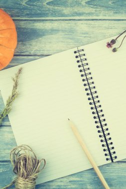 Kalem ve sonbahar kabakları ile boş defter 