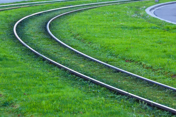 Carris de eléctrico cobertos com grama verde — Fotografia de Stock