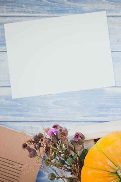 Lege lege brief mock up met herfst pompoenen — Stockfoto