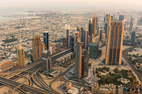 Dubai downtown morning scene. Top view