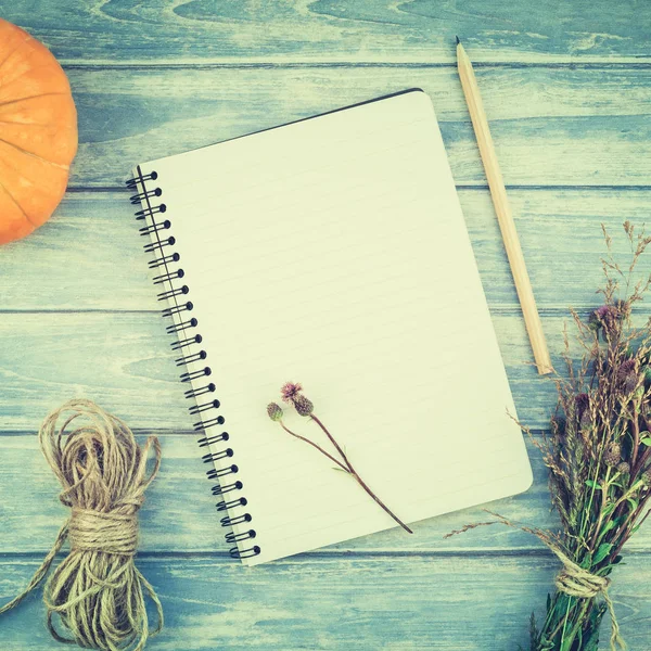 Caderno em branco com lápis e abóboras de outono — Fotografia de Stock