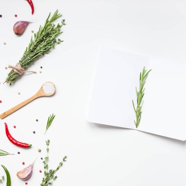 Yeşil otlar ve baharatlar ile boş not defteri sayfaları