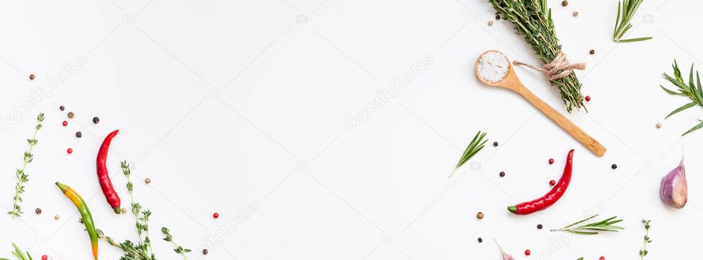 Food background with greens herbs and spices