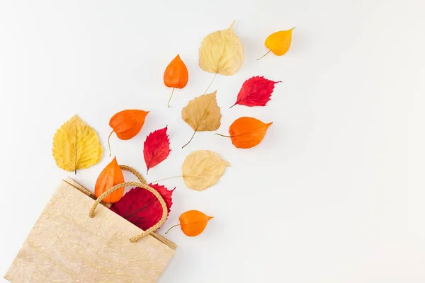 Shoppingbag med flygande torkade blommor och löv — Stockfoto