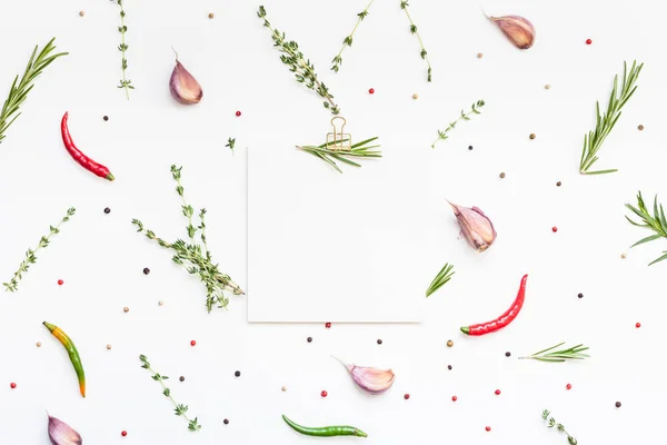 Blank notepad pages with greens herbs and spices — Stock Photo, Image