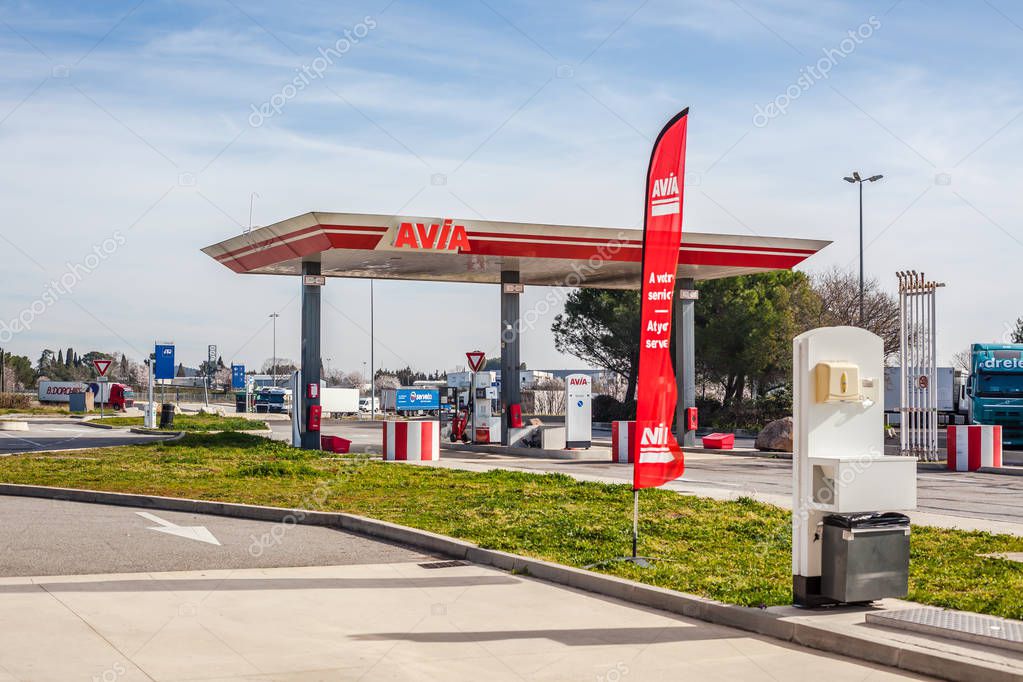 LYON, FRANCE - FEBRUARY 26, 2019: AVIA, Swiss oil and gas company service station in Lyon, France on blue sky background