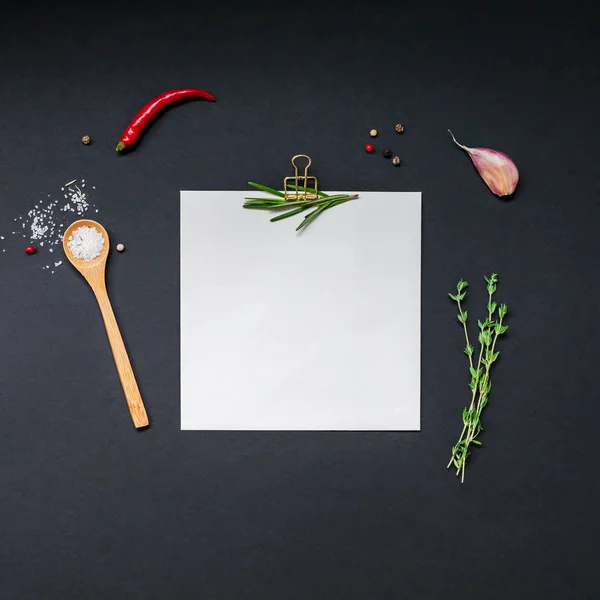 Blank notepad pages with greens herbs and spices — Stock Photo, Image