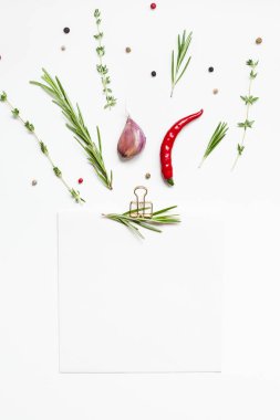 Yeşil otlar ve baharatlar ile boş not defteri sayfaları