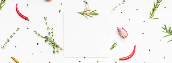 Blank notepad pages with greens herbs and spices — Stock Photo, Image