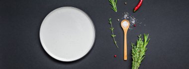 Yeşillik otlar ve baharatlar etrafında Boş plaka