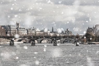 Seine Nehri, köprüler, kasvetli kış gününde Paris