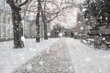 Delft old yard in winter snowstorm