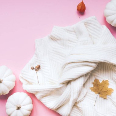 Beyaz kazak ve kabak ile Sonbahar kompozisyon