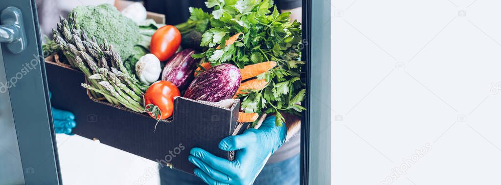 Fresh organic greens and vegetables delivery during coronavirus Covid-19 pandemic outbreak. Man hands wearing blue latex medical gloves holding box with safe grocery delivering in the house doorway
