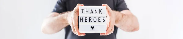 Nurse Day Concept Man Hands Holding Lightbox Thank Heroes Text — Stock Photo, Image