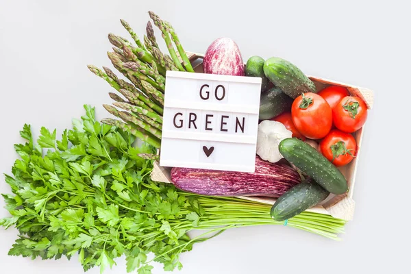 Fresh Organic Vegetables Eco Friendly Wooden Box Text Green Lightbox — Stock Photo, Image