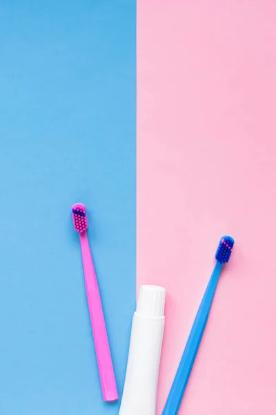 Teeth Hygiene Oral Dental Care Products Color Pink Blue Background — Stock Photo, Image