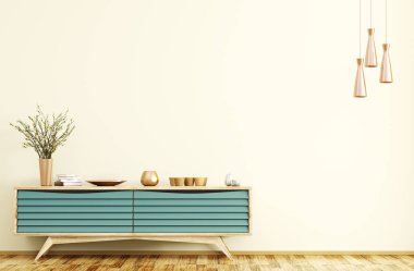 Modern iç ahşap büfe ve bakır lambalar 3d render ile oturma odası