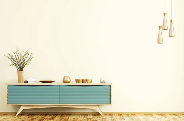 Moderno Interno Del Soggiorno Con Credenza Legno Lampade Rame Rendering — Foto Stock