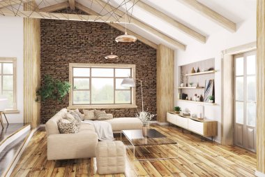 Evin, bej kanepe 3d render ile oturma odası modern iç