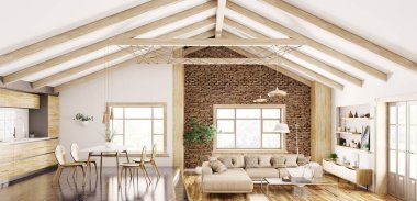 Ev, mutfak, oturma odası kanepe, panorama 3d render ile modern iç