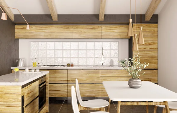 Design Intérieur Moderne Cuisine Bois Avec Îlot Comptoir Marbre Blanc — Photo