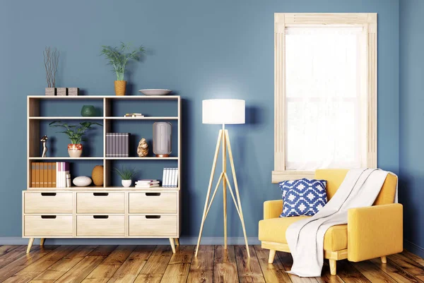 客厅的现代室内与木制橱柜和黄色扶手椅3D — 图库照片