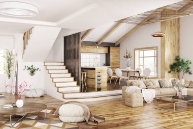 Ev, mutfak, oturma odası kanepe, salonu, merdiven 3d render, modern iç mekan tasarımları