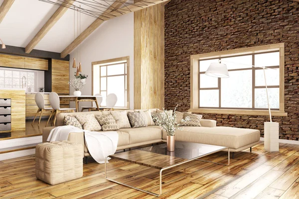 Moderne Interieur Van Het Huis Keuken Woonkamer Met Sofa Rendering — Stockfoto