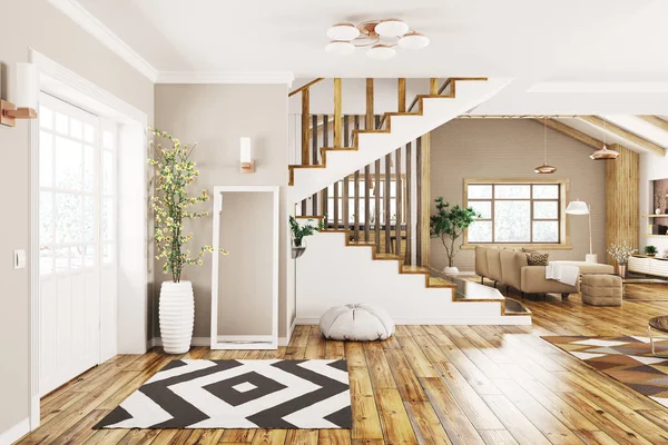 现代室内设计的房子 客厅与楼梯3D — 图库照片