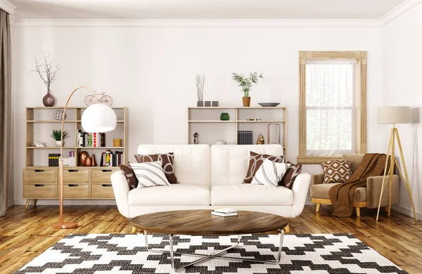 住宅现代室内设计 米色沙发客厅 茶几3D — 图库照片