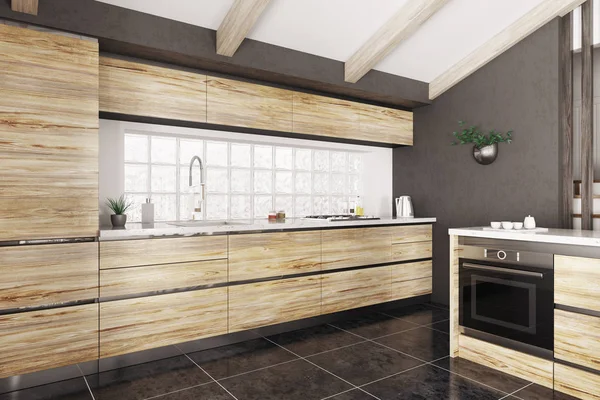 Modernes Interieur Der Holzküche Mit Weißer Steintheke Rendering — Stockfoto