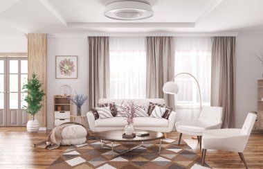 Modern iç oturma odası Beyaz kanepe, koltuklar ve sehpa 3d render ile