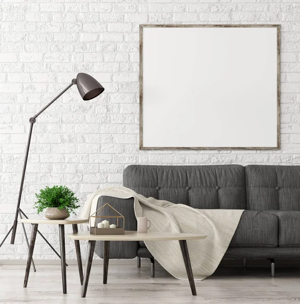 Modern Interiör Vardagsrum Med Svart Soffa Trä Soffbord Och Mock — Stockfoto