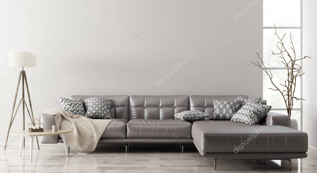 Modern interior of living room with brown leather corner sofa, coffee table,floor lamp 3d rendering