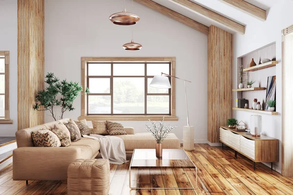 Modern Interior Living Room Beige Sofa Rendering — Stock Photo, Image
