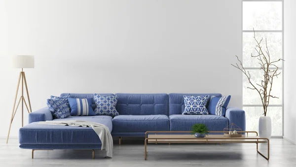 Modern interior of living room with blue corner sofa, coffee table, floor lamp 3d rendering